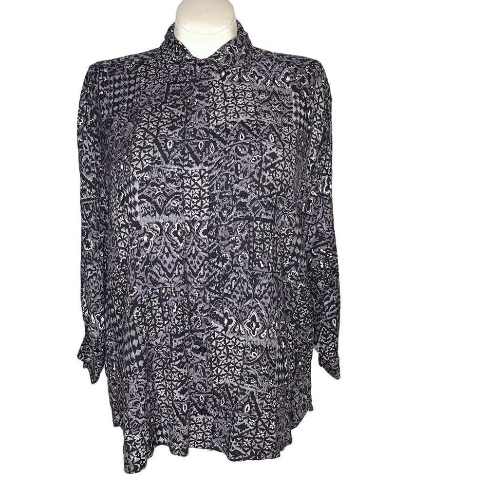 Vintage 70s Gray Black Rayon Button Down Shirt Indian Adini Volup Size L